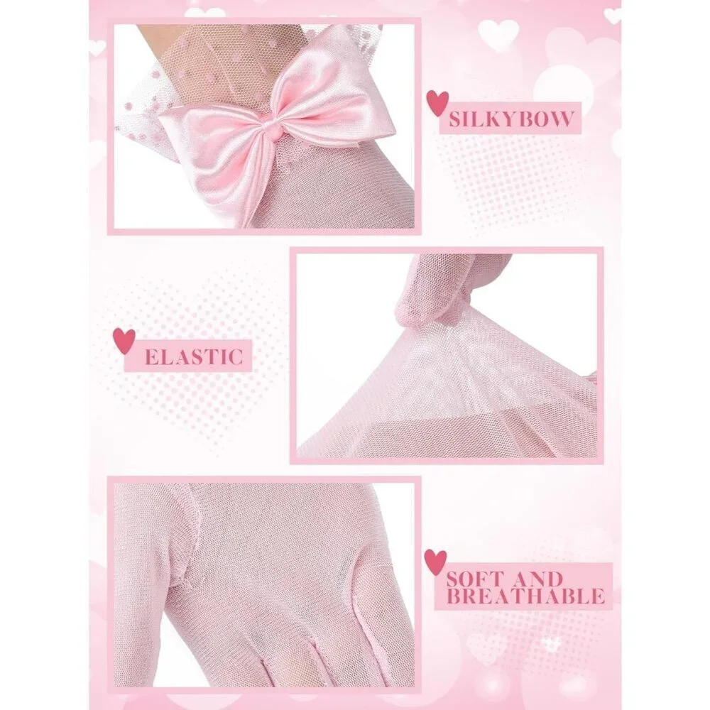 Women's Short Pink Bow Lace Gloves Tea Party Elegant Opera Wedding Accessories